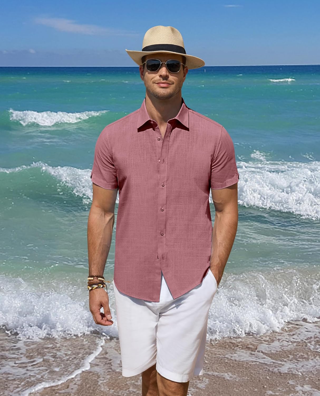 Leinenhemden für Herren Kurzarm Leinenhemden Freizeit Button Down Hemden Sommer - Bild 52 von 53