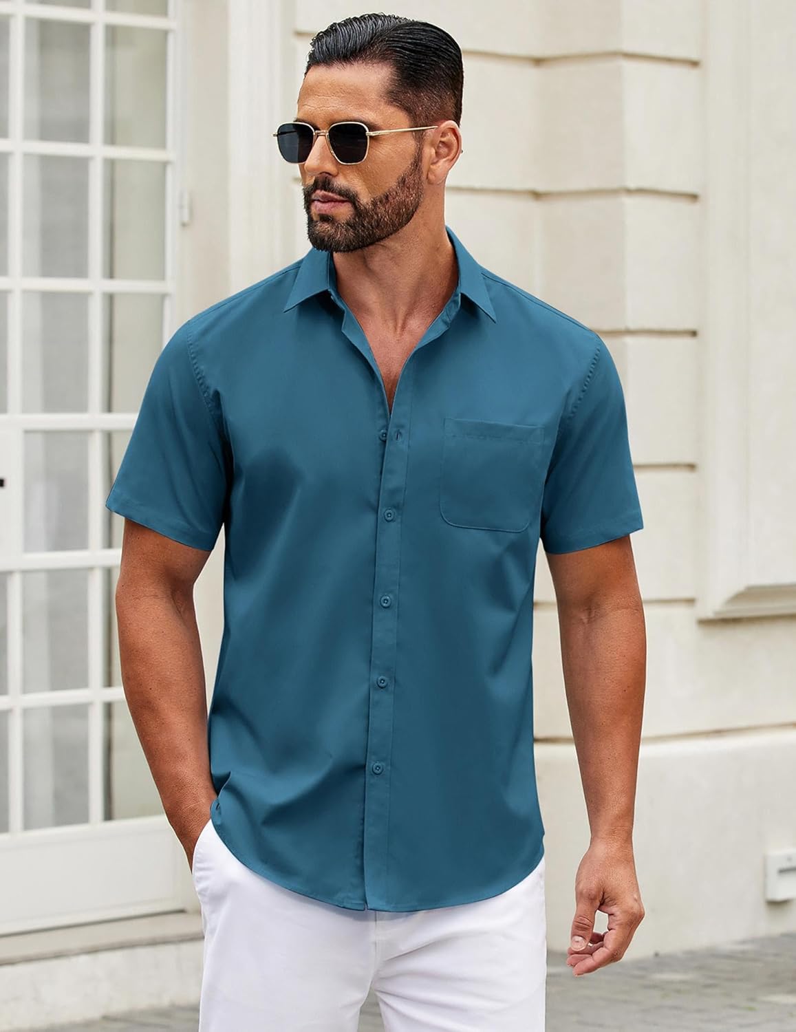 Mens Short Sleeve Casual Button Down Shirts Summer Untucked Dress Shirts - Picture 48 of 154