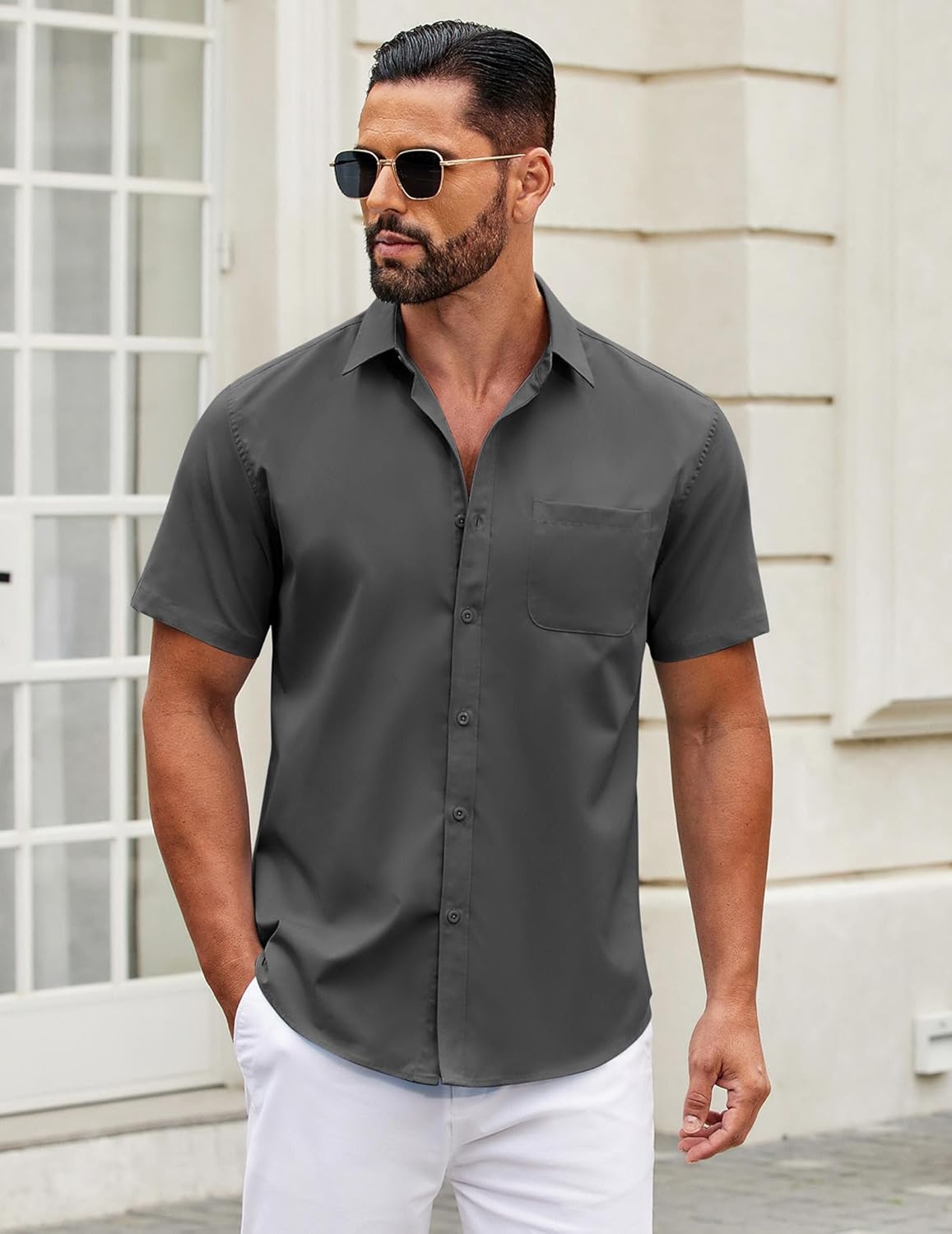 Mens Short Sleeve Casual Button Down Shirts Summer Untucked Dress Shirts - Picture 144 of 154