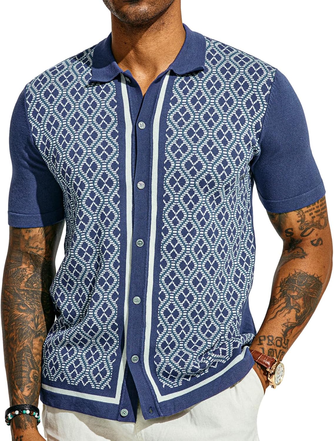 Herren 70er Vintage Kontrast Strick Poloshirt, Kurzarm, Button Down, gerippt - Bild 27 von 42