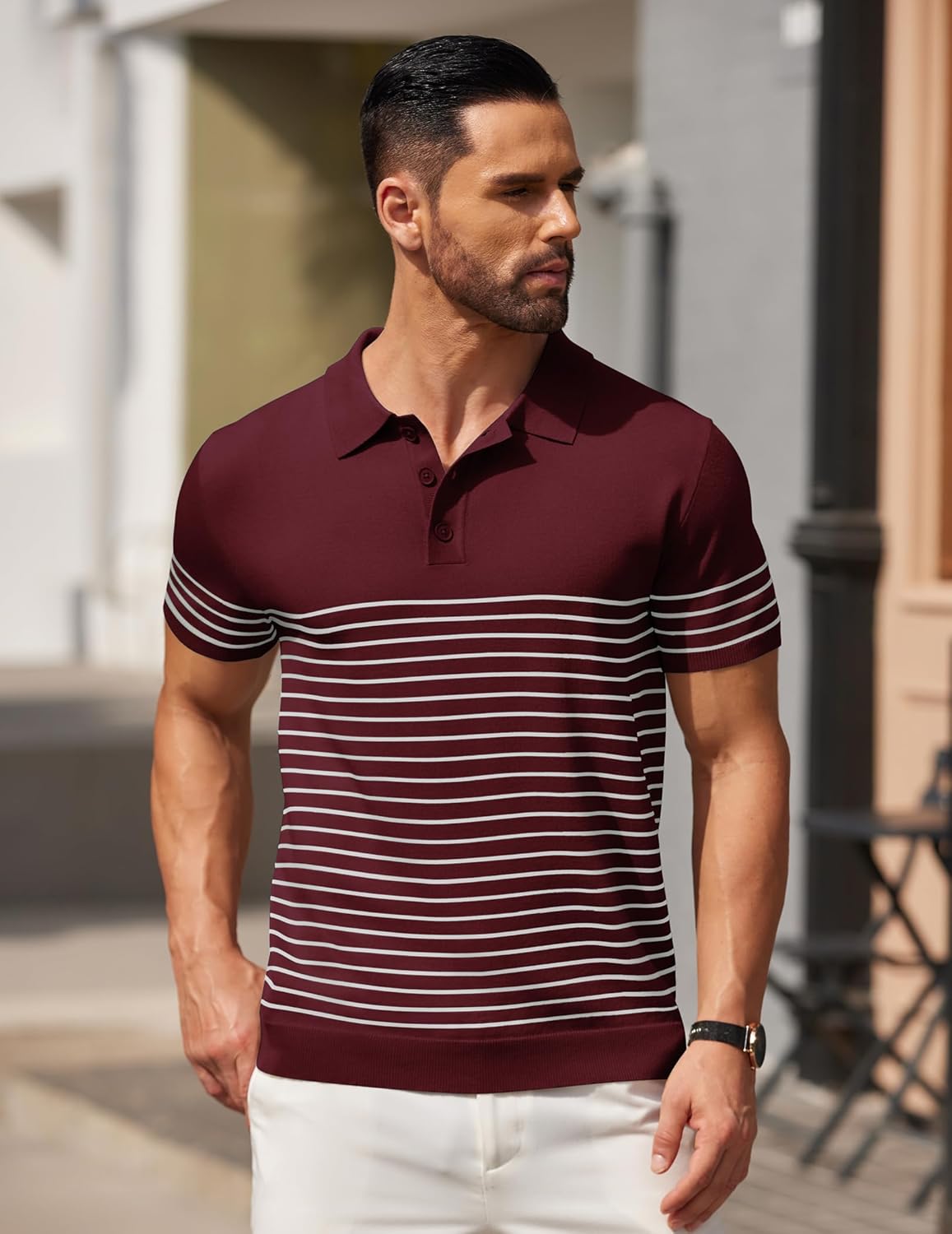 Men's Knit Polo Shirts Short Sleeve Striped Golf Polo Shirts Casual T Shirt - Imagen 60 de 128