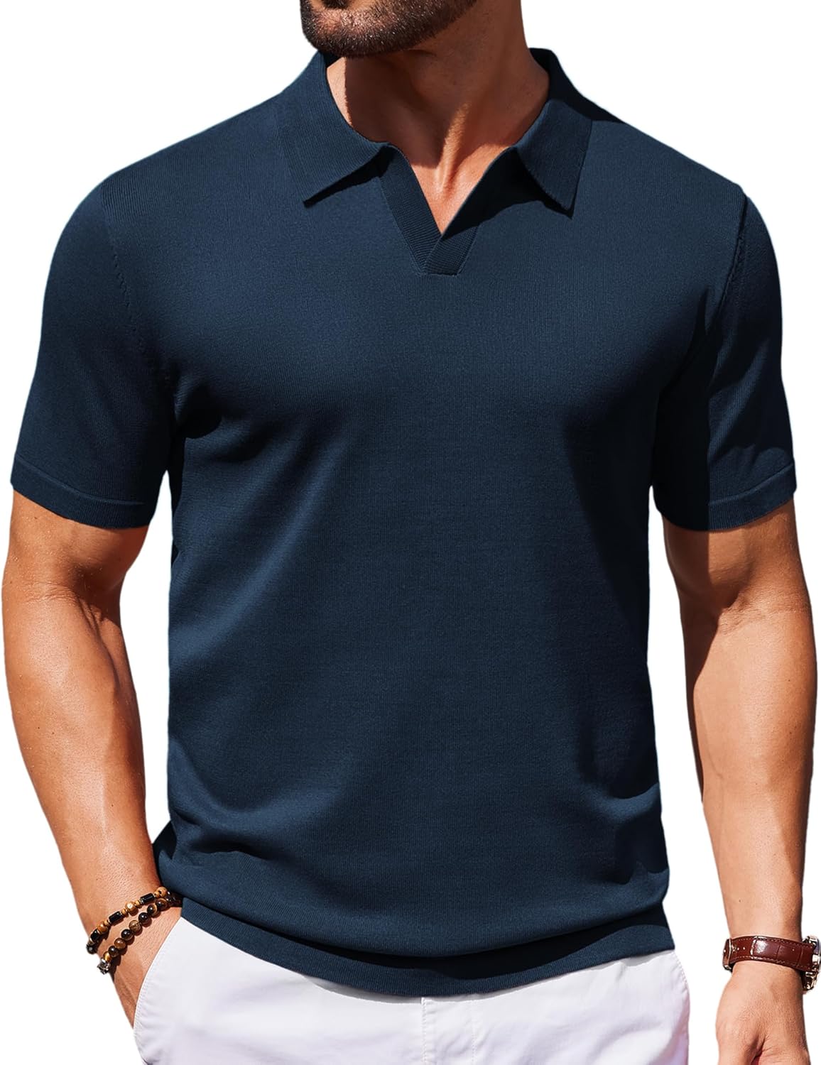 Mens Knit Polo Shirts V Neck Short Sleeve Stretch Polo T Shirt Golf Shirts - Picture 19 of 43