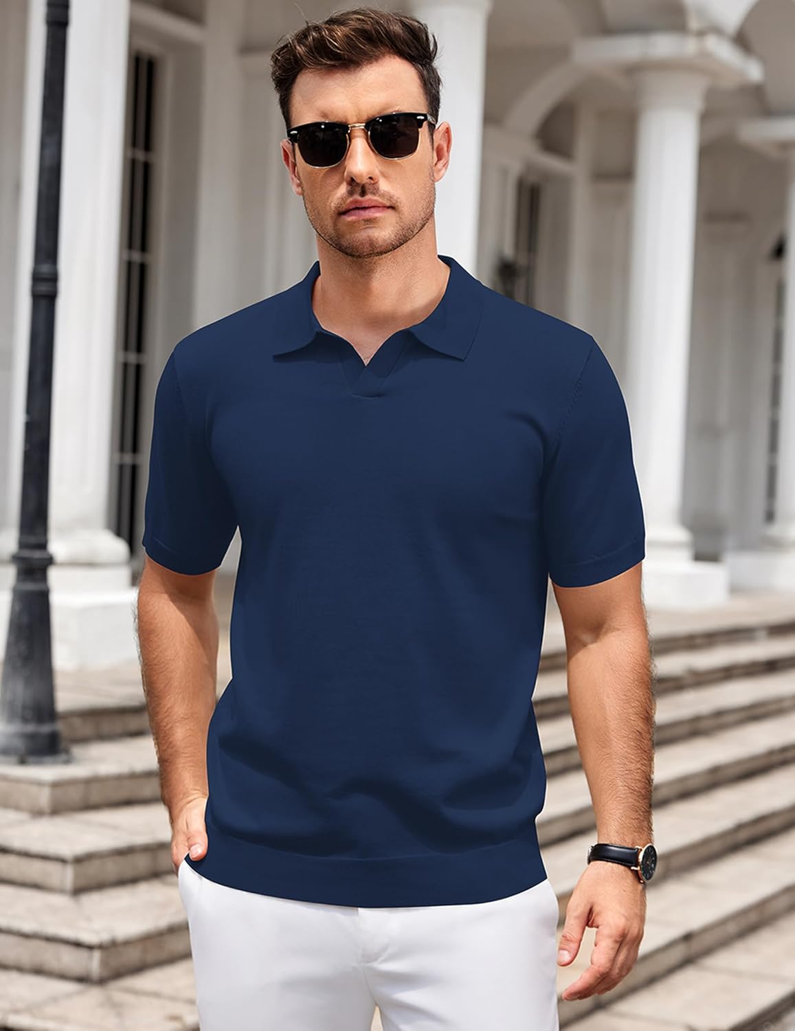 Mens Knit Polo Shirts V Neck Short Sleeve Stretch Polo T Shirt Golf Shirts - Picture 20 of 43