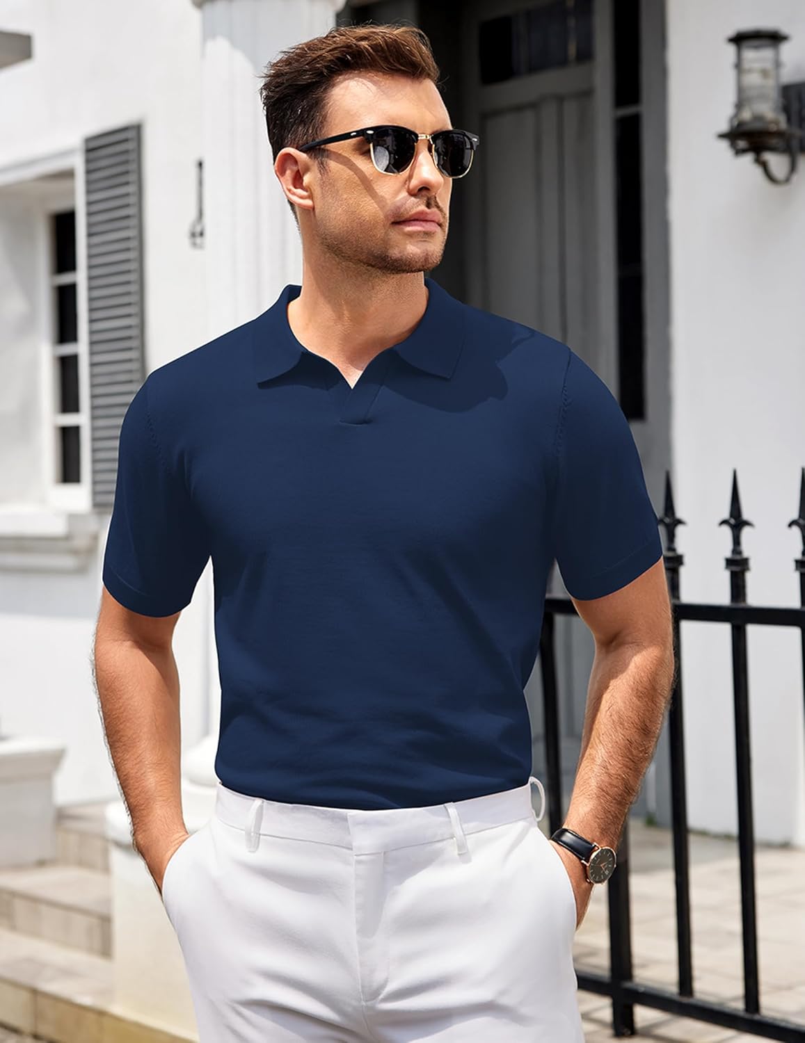 Mens Knit Polo Shirts V Neck Short Sleeve Stretch Polo T Shirt Golf Shirts - Picture 21 of 43