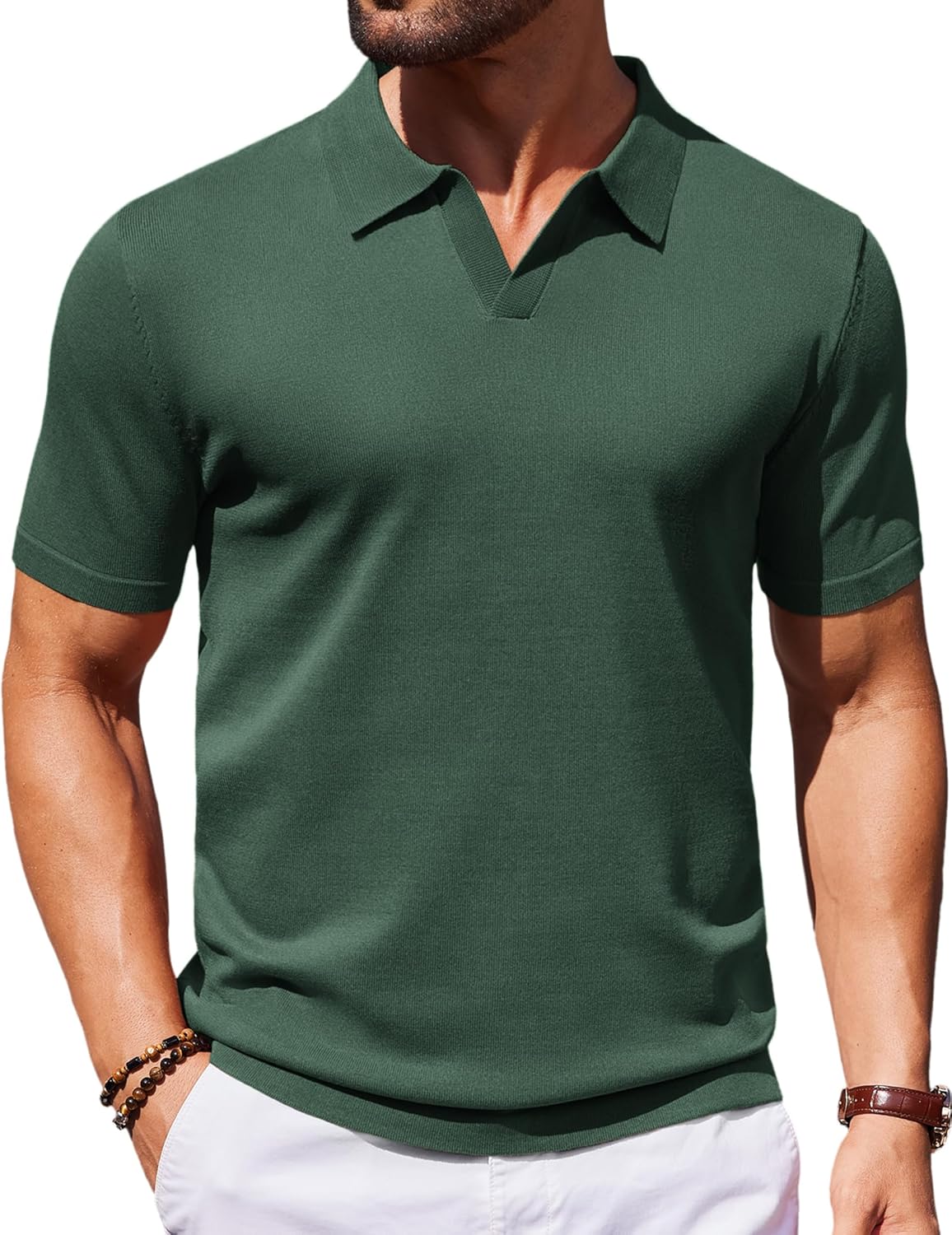Mens Knit Polo Shirts V Neck Short Sleeve Stretch Polo T Shirt Golf Shirts - Picture 24 of 43
