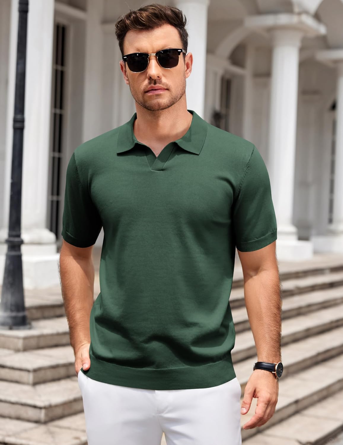 Mens Knit Polo Shirts V Neck Short Sleeve Stretch Polo T Shirt Golf Shirts - Picture 25 of 43