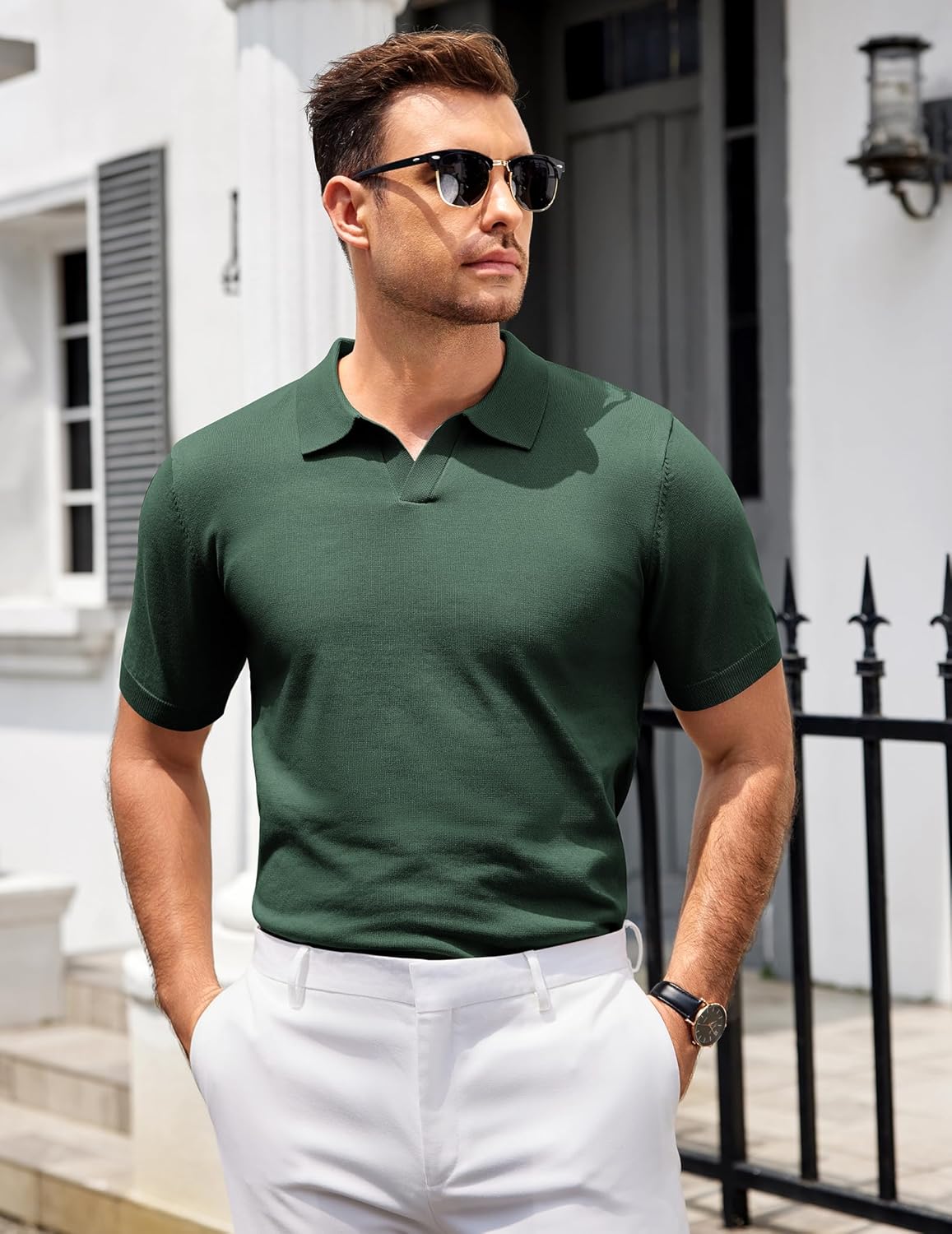 Mens Knit Polo Shirts V Neck Short Sleeve Stretch Polo T Shirt Golf Shirts - Picture 26 of 43