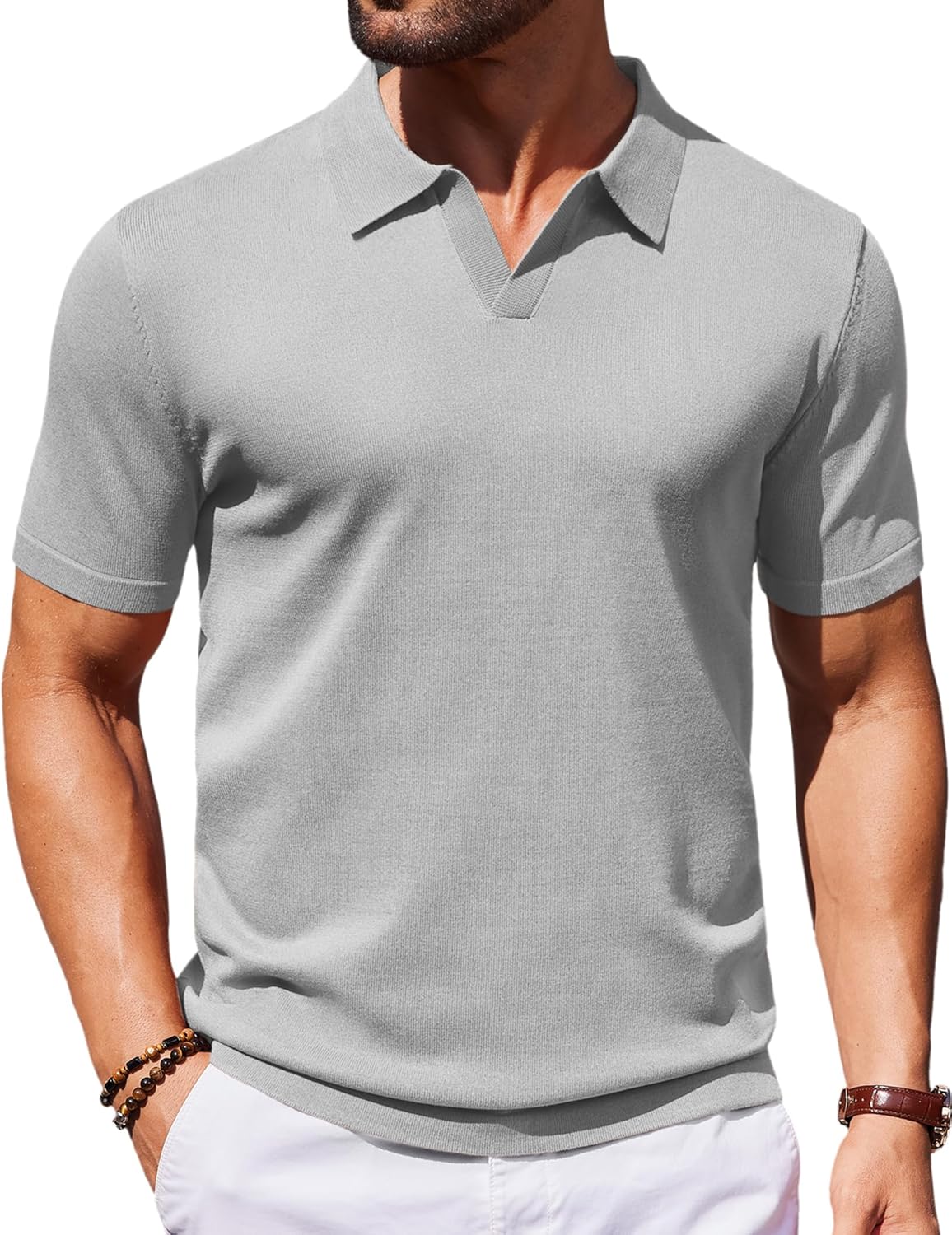 Mens Knit Polo Shirts V Neck Short Sleeve Stretch Polo T Shirt Golf Shirts - Picture 27 of 43