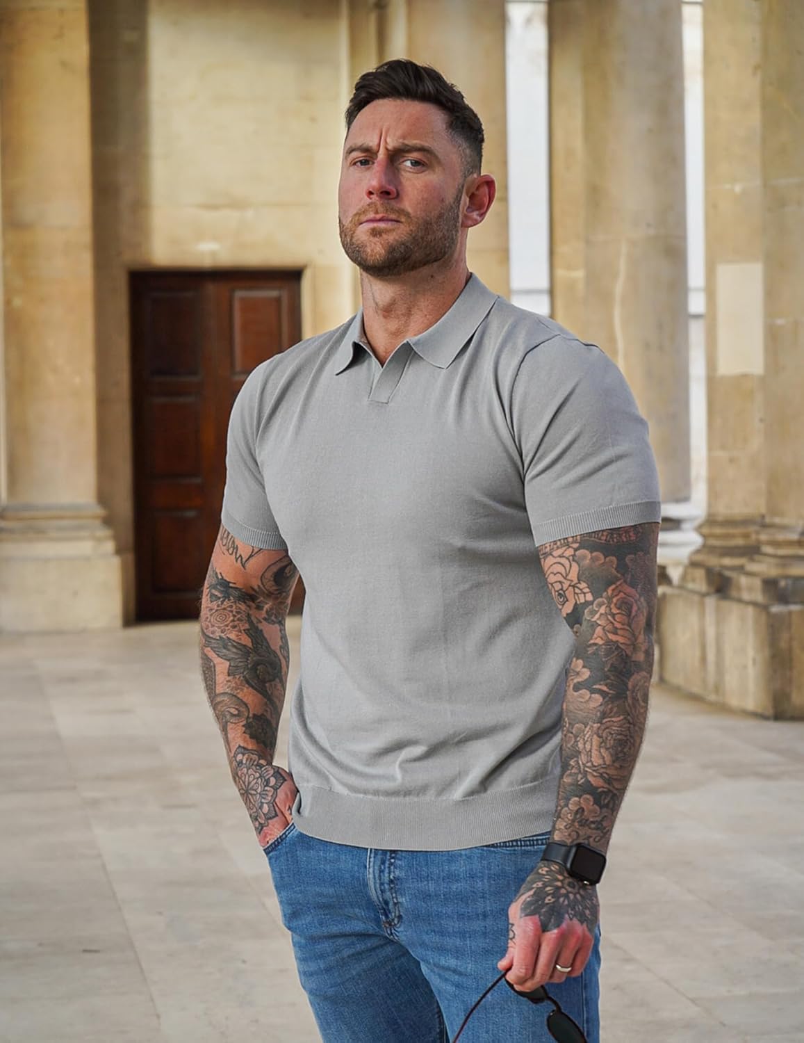 Mens Knit Polo Shirts V Neck Short Sleeve Stretch Polo T Shirt Golf Shirts - Picture 29 of 43