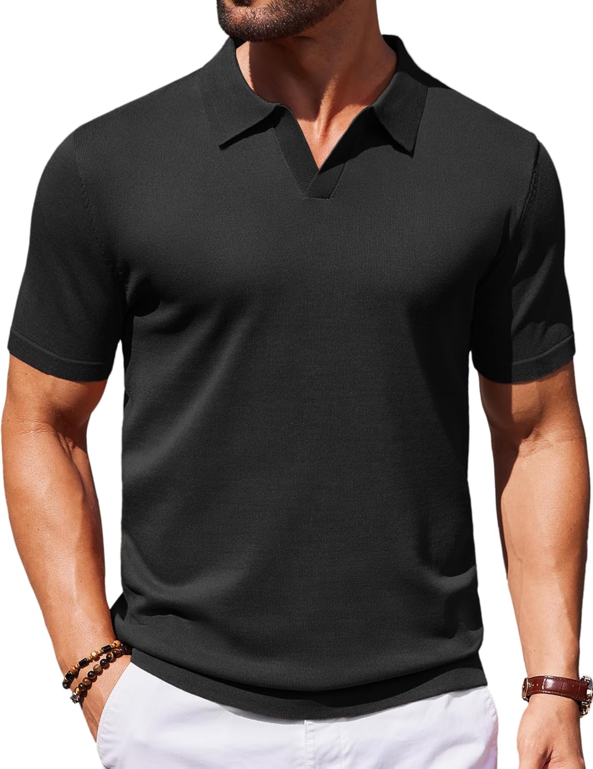 Mens Knit Polo Shirts V Neck Short Sleeve Stretch Polo T Shirt Golf Shirts - Picture 30 of 43
