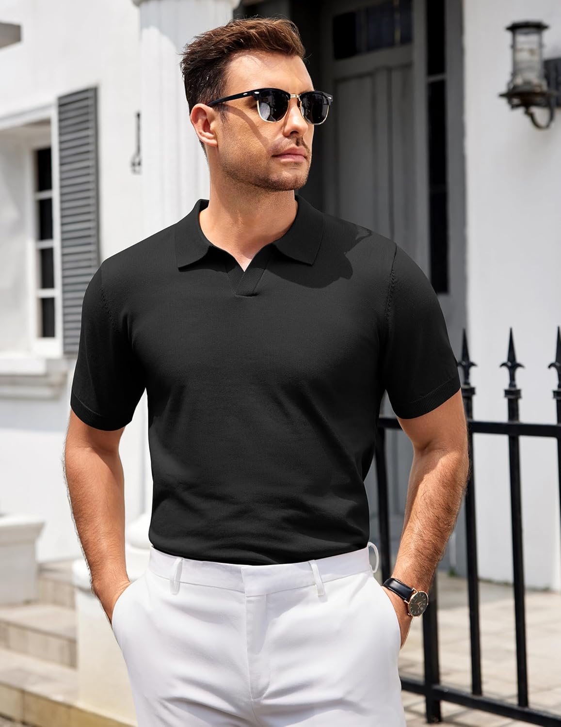 Mens Knit Polo Shirts V Neck Short Sleeve Stretch Polo T Shirt Golf Shirts - Picture 32 of 43
