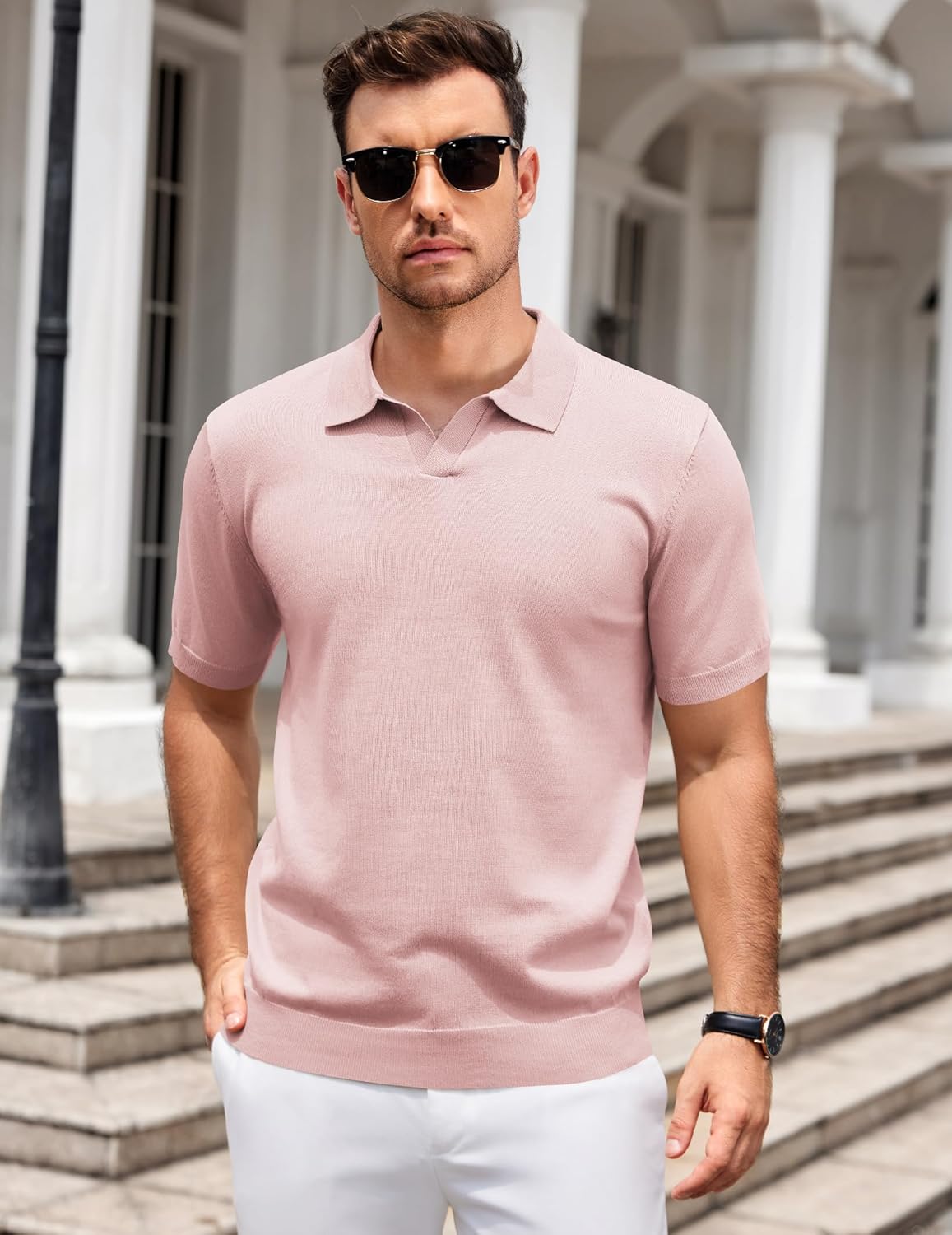 Mens Knit Polo Shirts V Neck Short Sleeve Stretch Polo T Shirt Golf Shirts - Picture 33 of 43