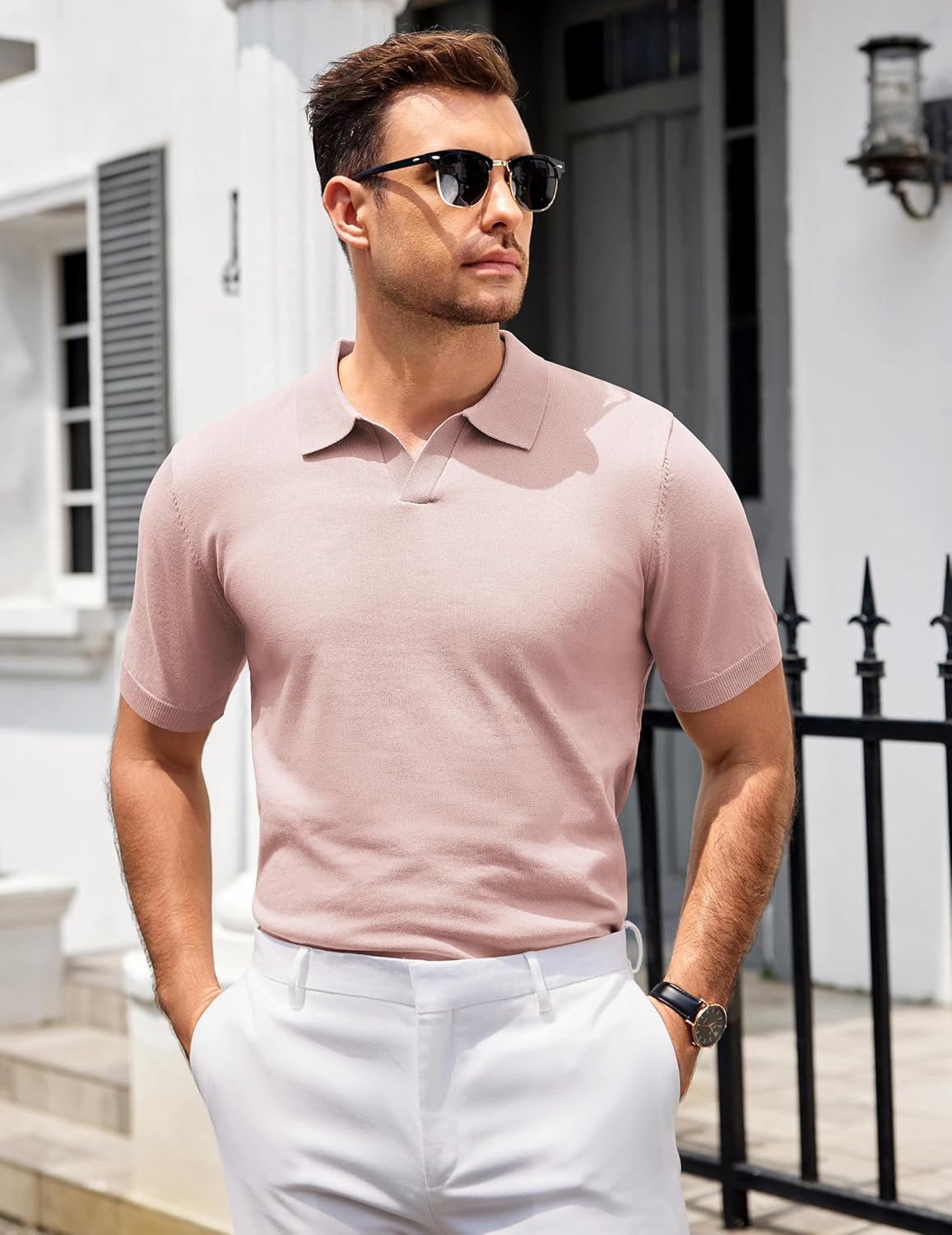 Mens Knit Polo Shirts V Neck Short Sleeve Stretch Polo T Shirt Golf Shirts - Picture 34 of 43