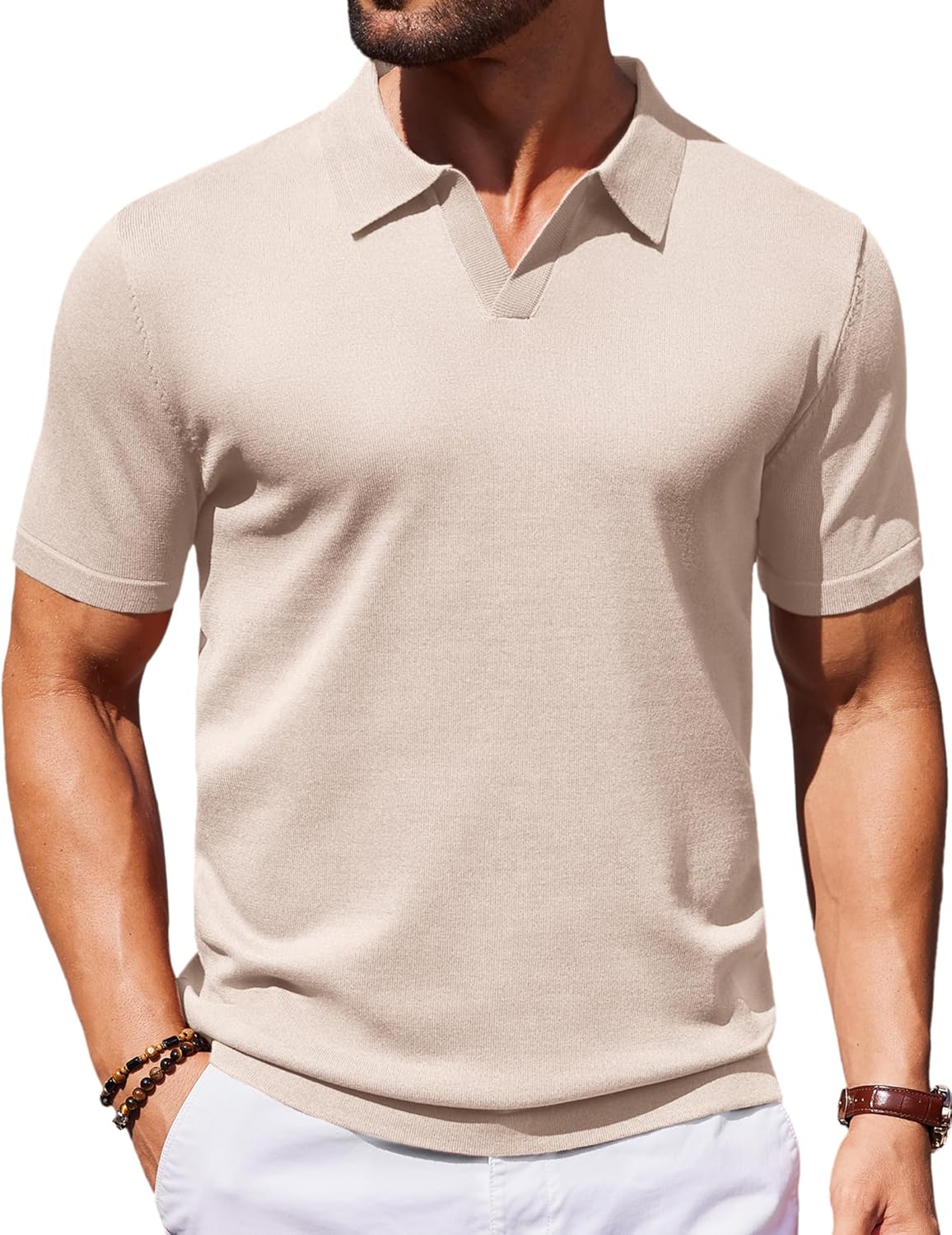 Mens Knit Polo Shirts V Neck Short Sleeve Stretch Polo T Shirt Golf Shirts - Picture 35 of 43