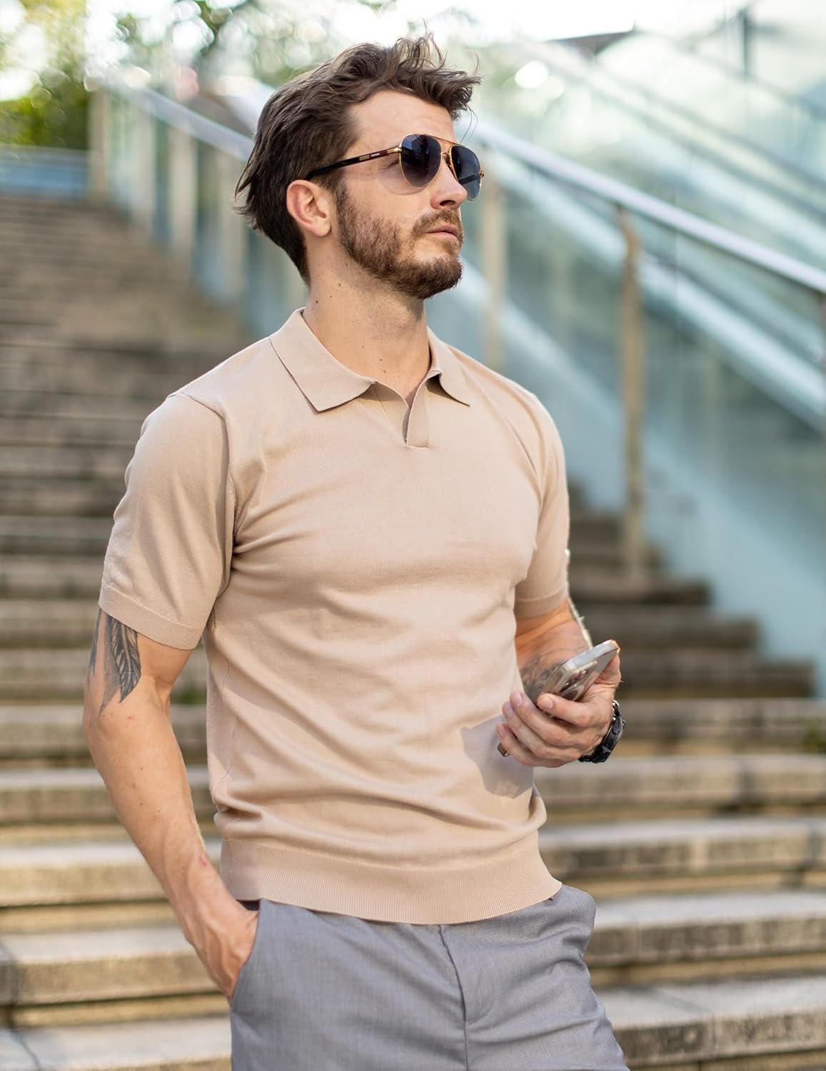 Mens Knit Polo Shirts V Neck Short Sleeve Stretch Polo T Shirt Golf Shirts - Picture 36 of 43