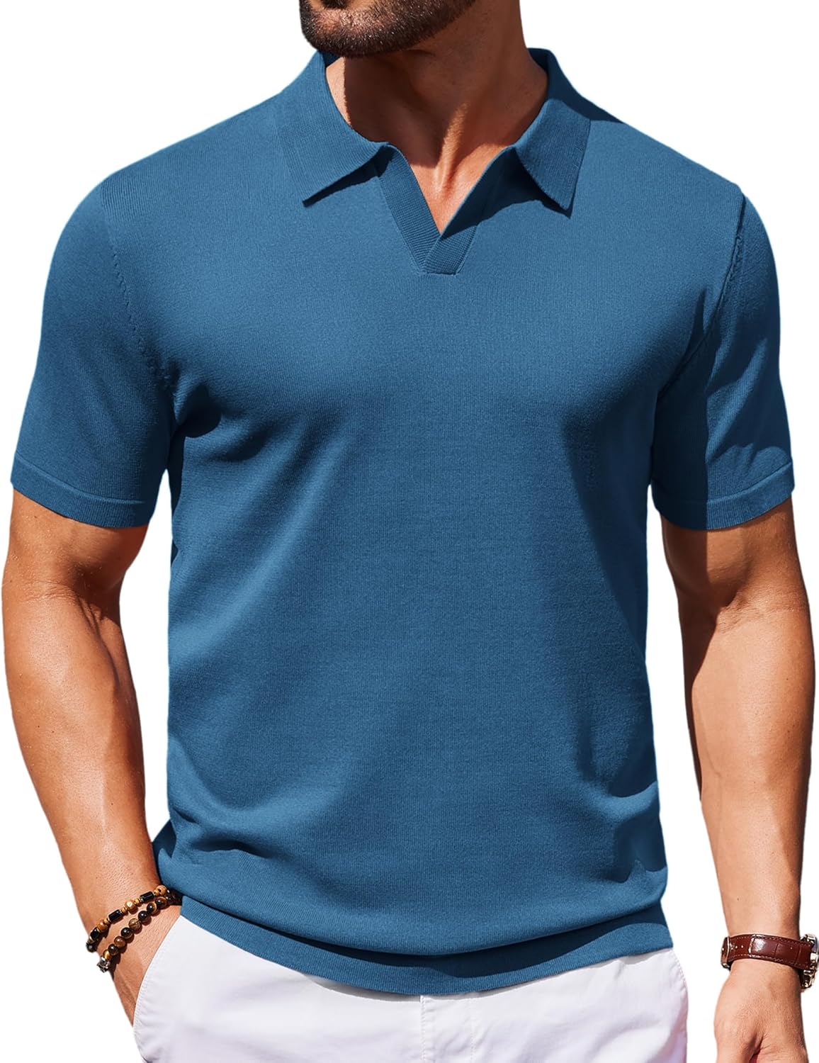 Mens Knit Polo Shirts V Neck Short Sleeve Stretch Polo T Shirt Golf Shirts - Picture 38 of 43