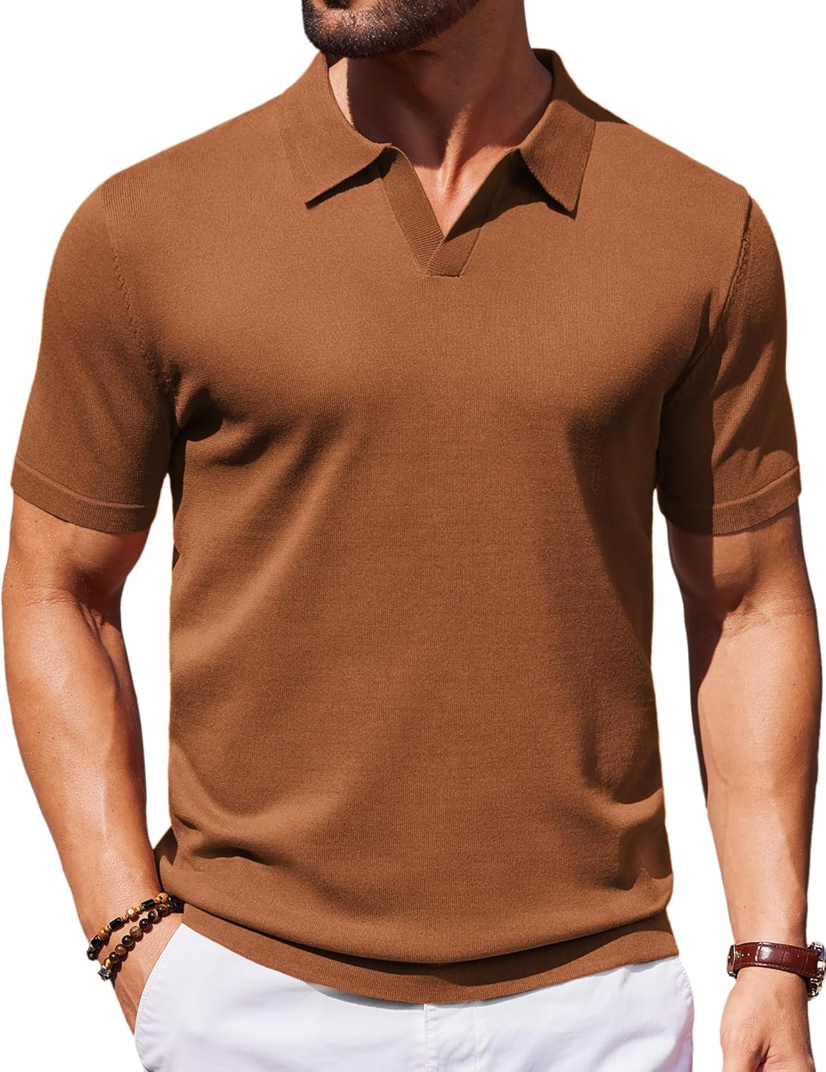 Mens Knit Polo Shirts V Neck Short Sleeve Stretch Polo T Shirt Golf Shirts - Picture 41 of 43