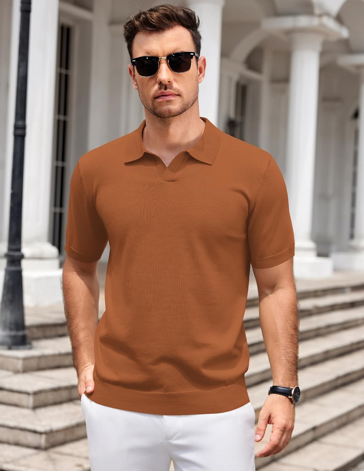 Mens Knit Polo Shirts V Neck Short Sleeve Stretch Polo T Shirt Golf Shirts - Picture 42 of 43