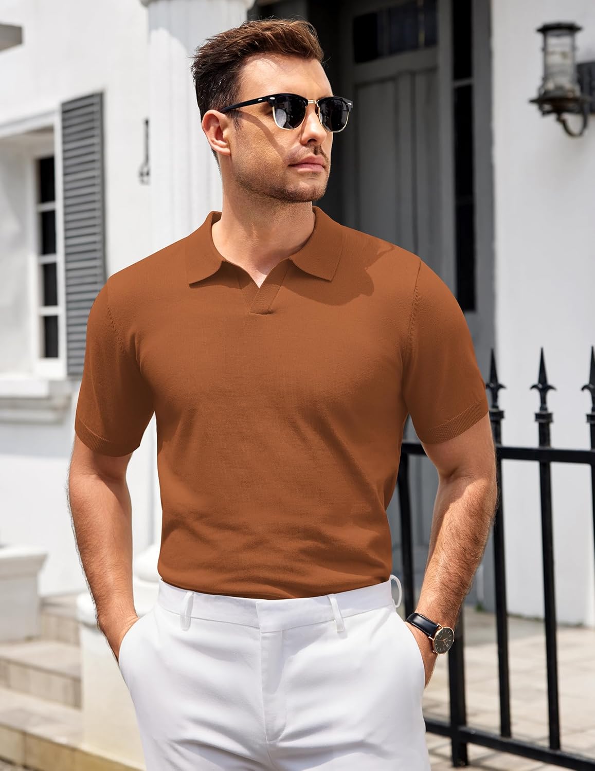 Mens Knit Polo Shirts V Neck Short Sleeve Stretch Polo T Shirt Golf Shirts - Picture 43 of 43