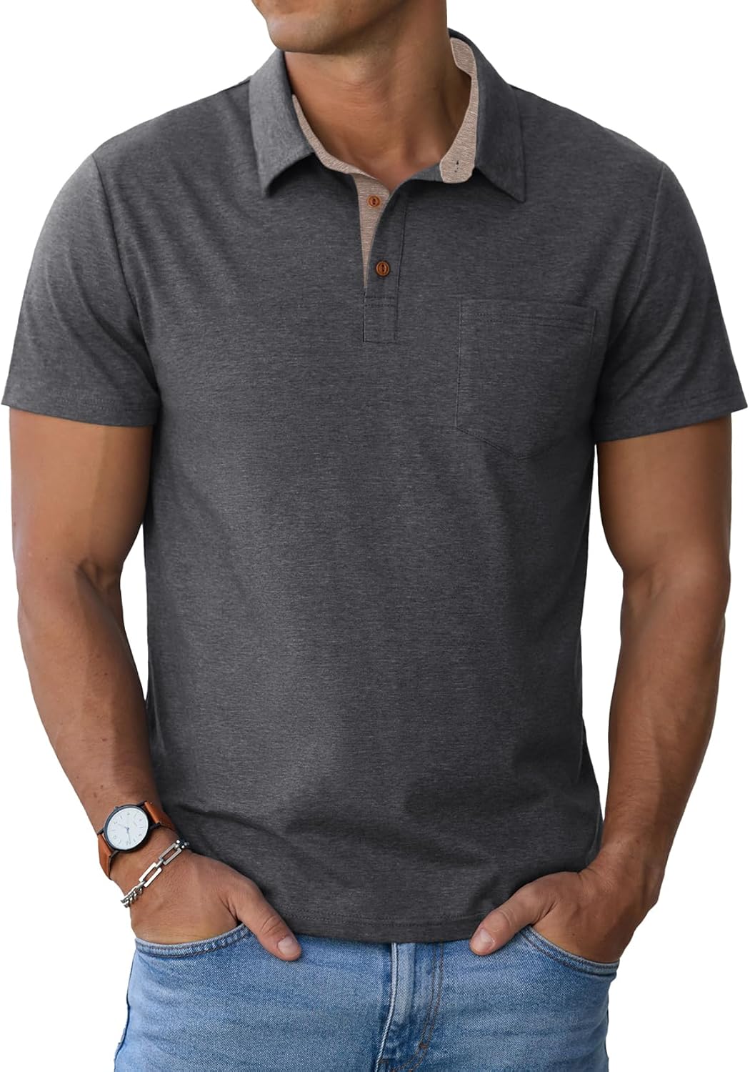 Men's Cotton Polo Shirts Short Sleeve Summer Shirts Golf Shirt with Pocket - Bild 24 von 45
