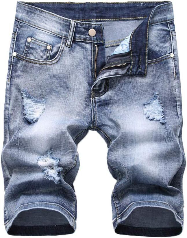 Men's Casual Denim Shorts Classic Fit Distressed Summer Ripped Short Jeans - Picture 25 of 50