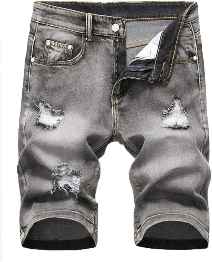 Men's Casual Denim Shorts Classic Fit Distressed Summer Ripped Short Jeans - Picture 28 of 50