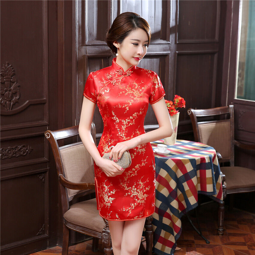 Damen Sommer Qipao Kleid chinesisch sexy kurz Seide Satin Cheongsam Abendkleid - Bild 5 von 14