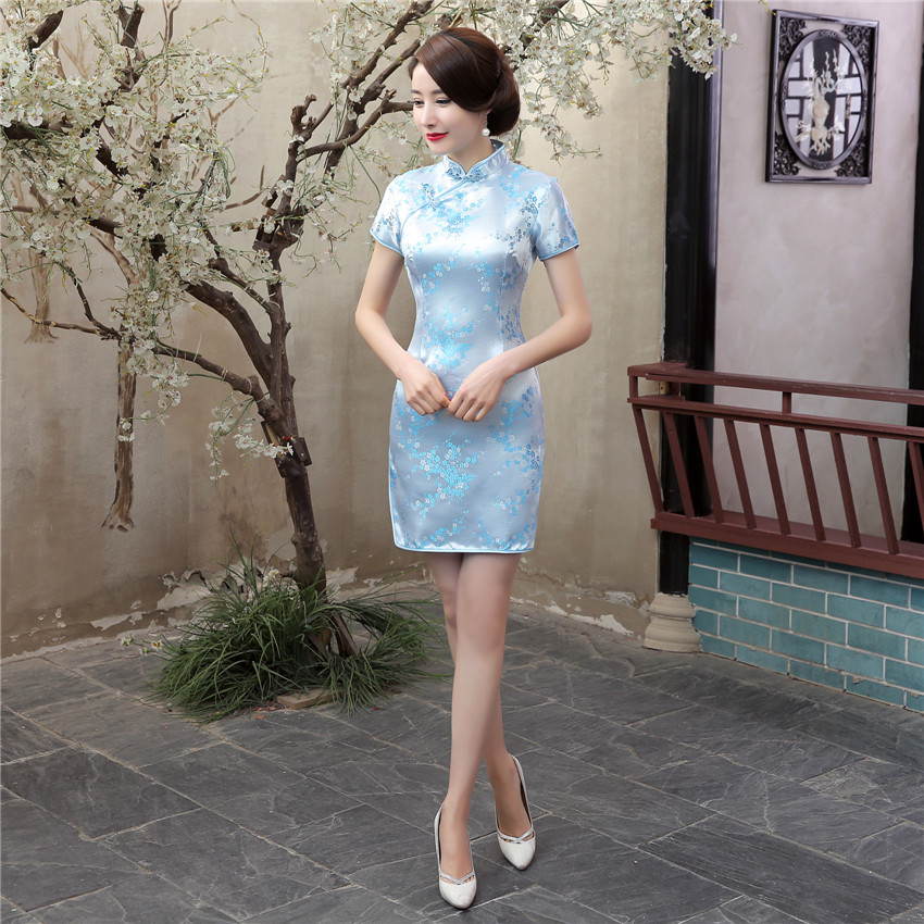 Damen Sommer Qipao Kleid chinesisch sexy kurz Seide Satin Cheongsam Abendkleid - Bild 13 von 14