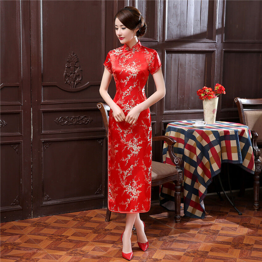 Chinese Traditional Silk Satin Cheongsam Women Long Qipao Wedding Party Dress - Picture 12 of 20