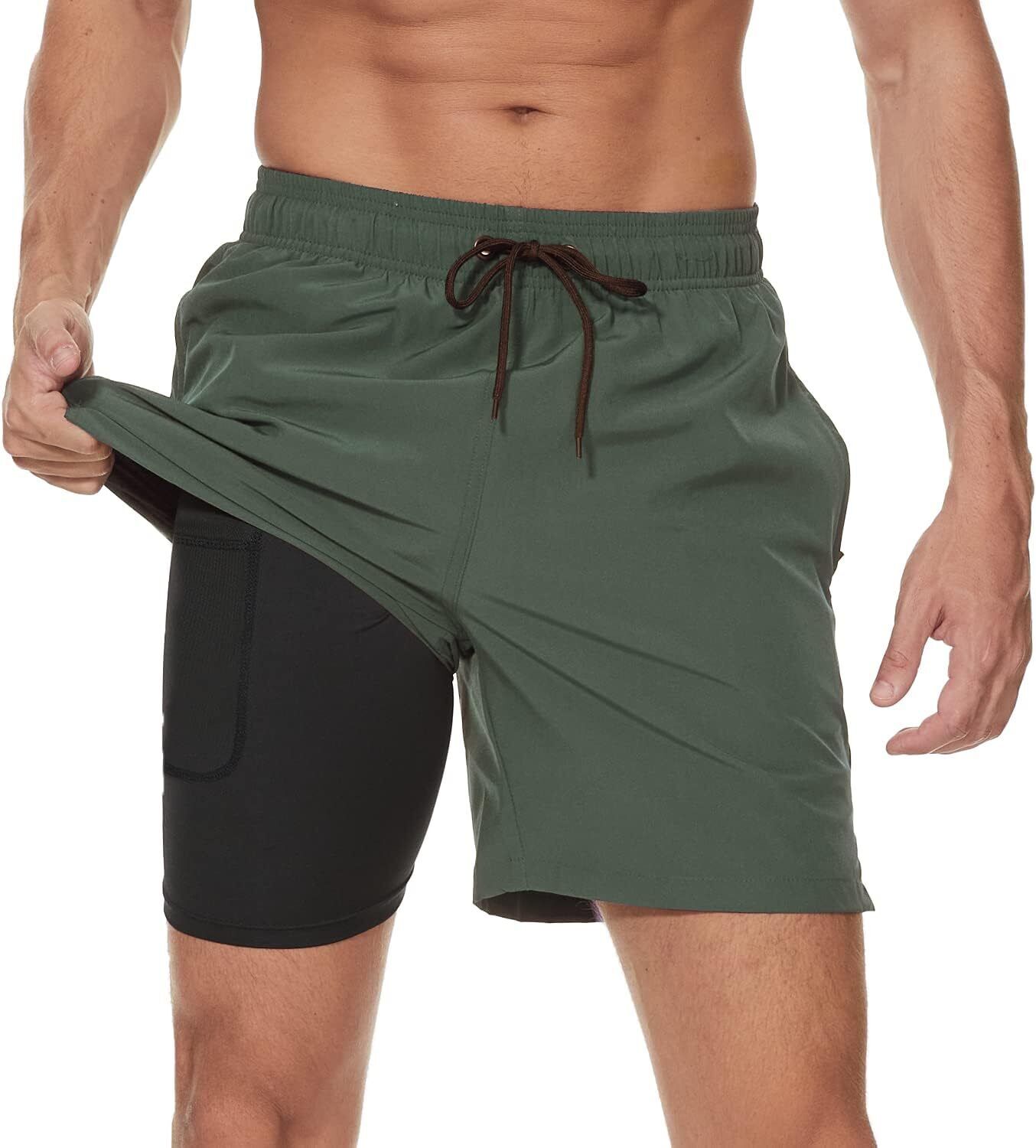 Men's Swim Trunks 2-in-1 Quick Dry Shorts with Compression Liner Zipper Pockets - Picture 25 of 50