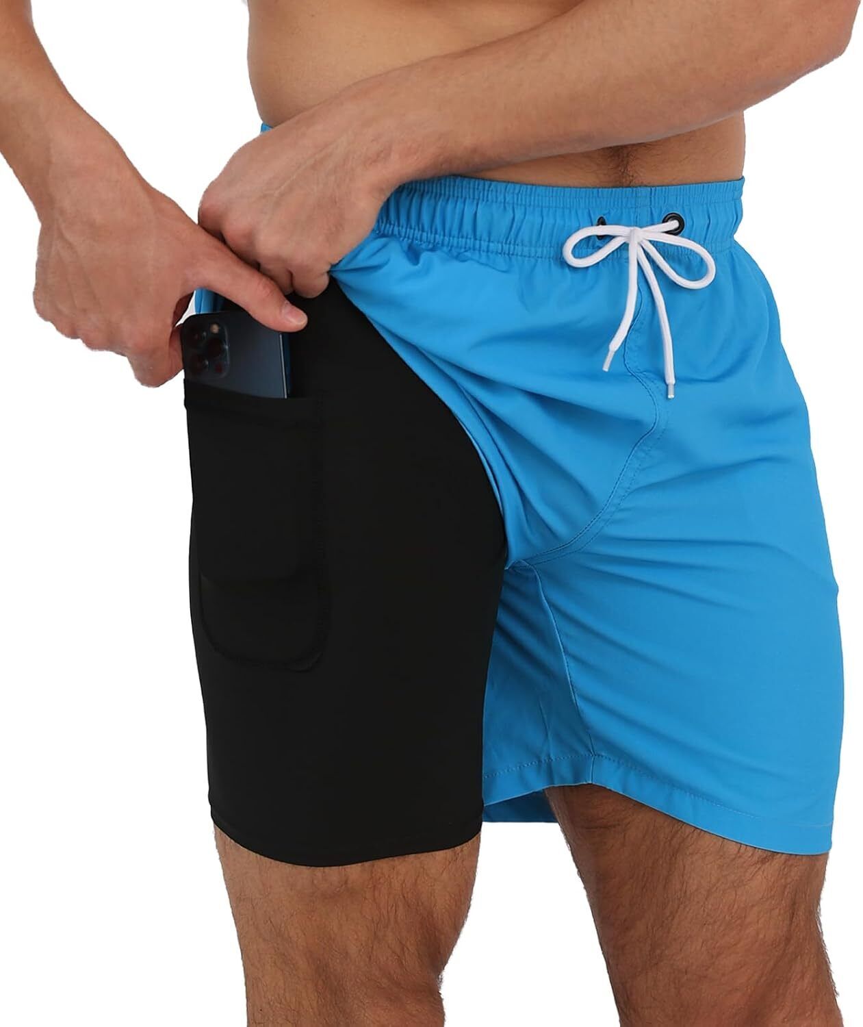 Men's Swim Trunks 2-in-1 Quick Dry Shorts with Compression Liner Zipper Pockets - Picture 26 of 50