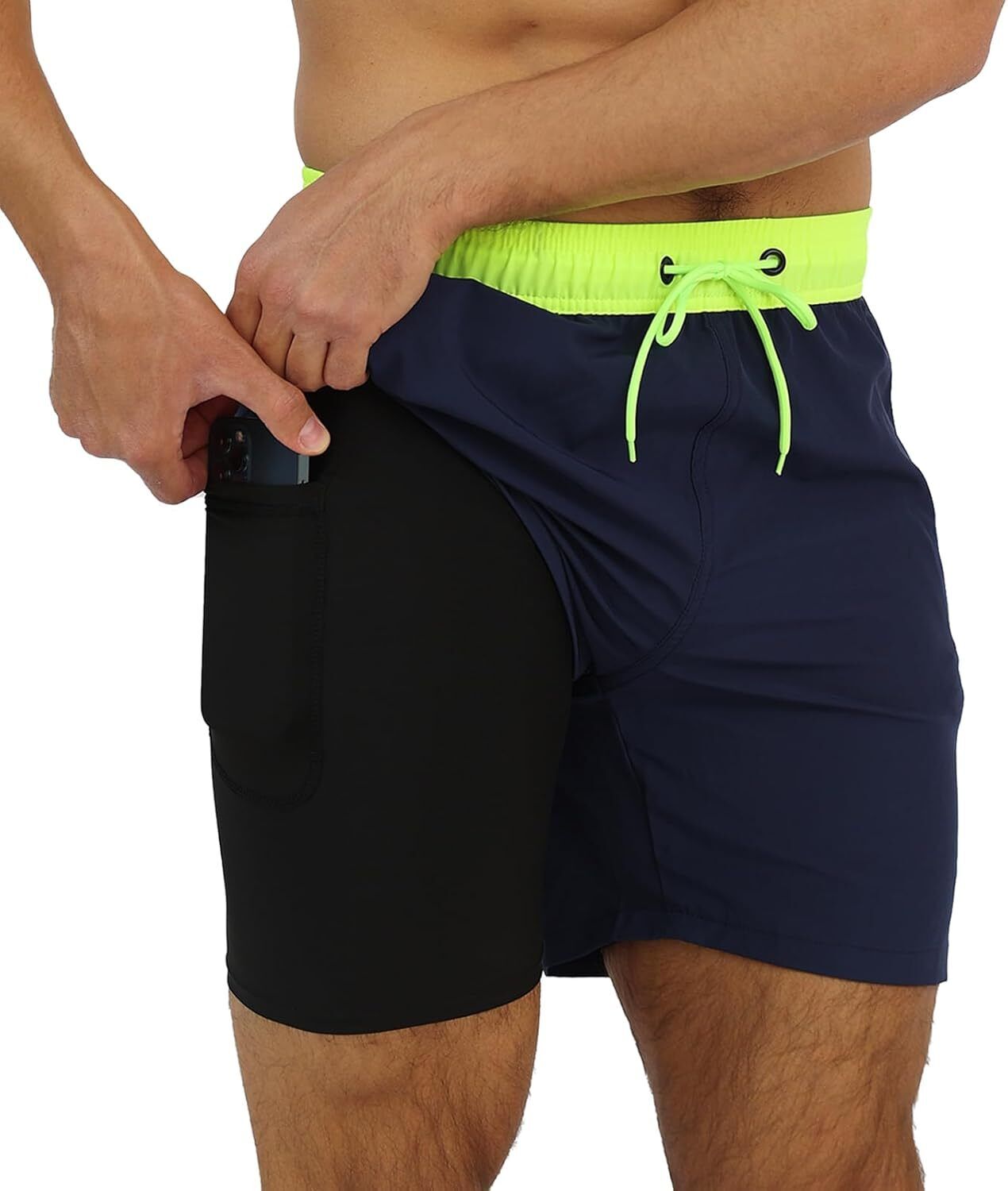 Men's Swim Trunks 2-in-1 Quick Dry Shorts with Compression Liner Zipper Pockets - Picture 27 of 50