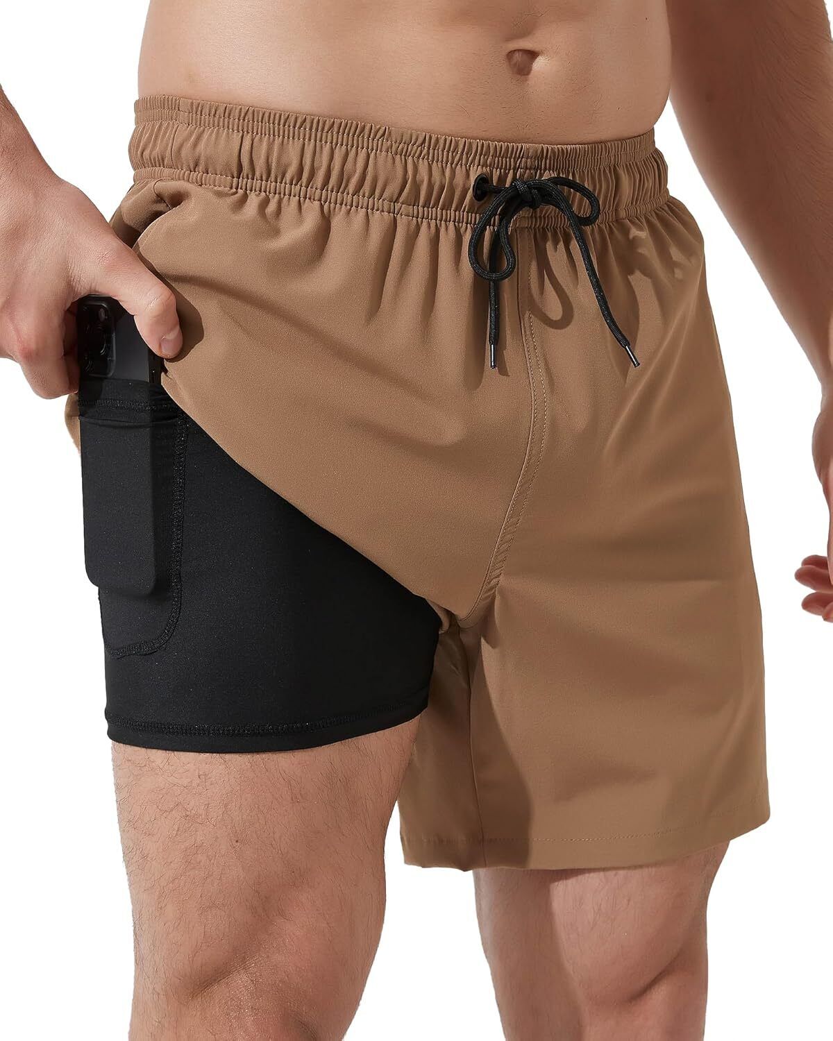 Men's Swim Trunks 2-in-1 Quick Dry Shorts with Compression Liner Zipper Pockets - Picture 29 of 50