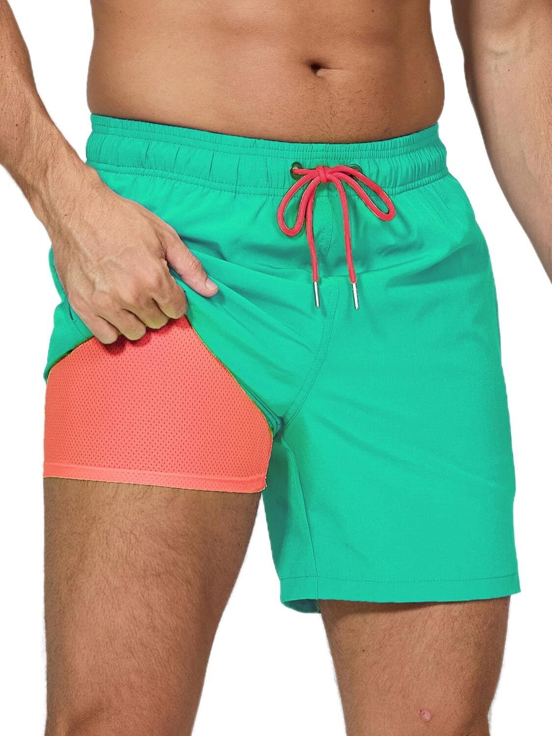 Men's Swim Trunks 2-in-1 Quick Dry Shorts with Compression Liner Zipper Pockets - Picture 31 of 50