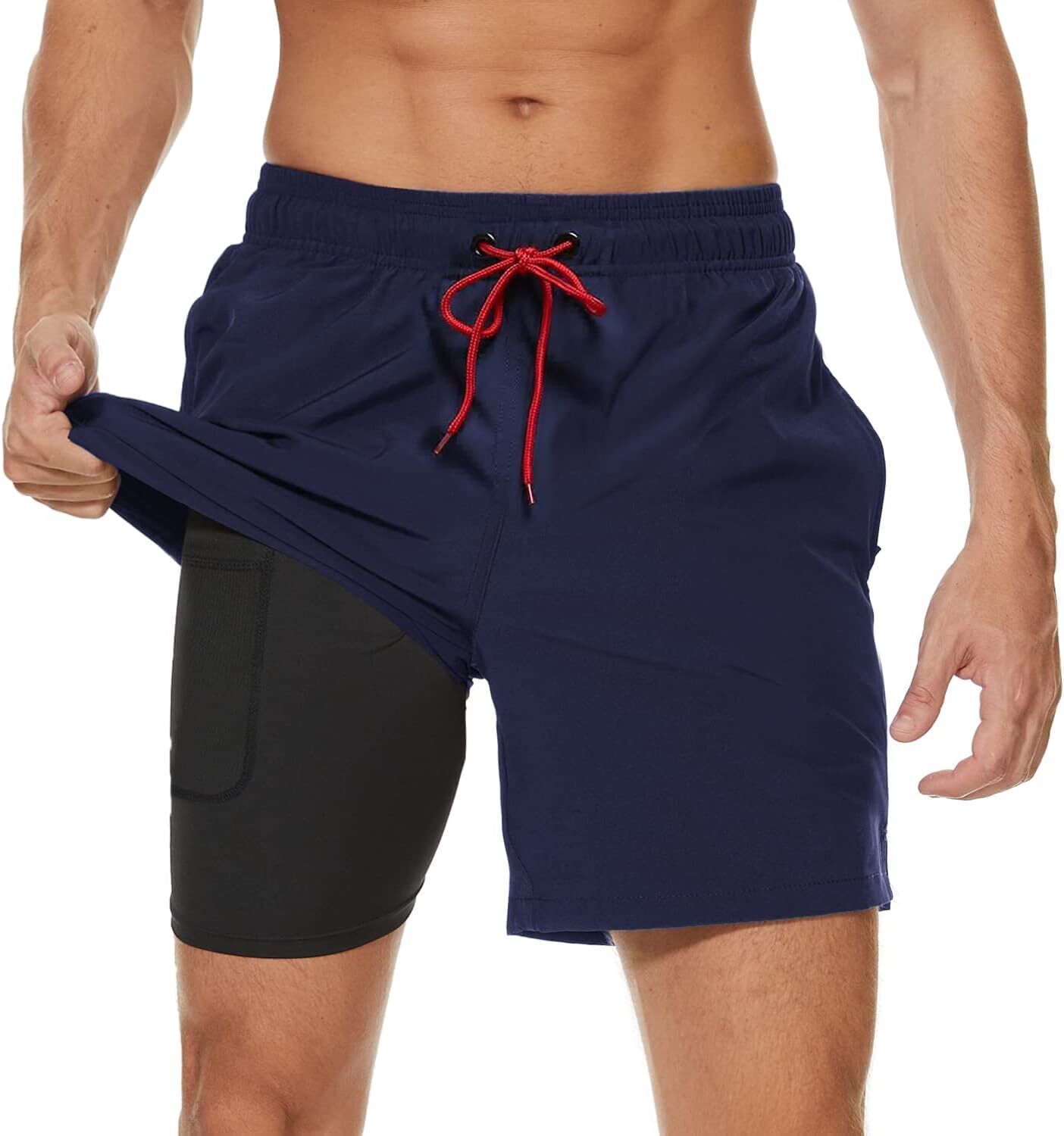 Men's Swim Trunks 2-in-1 Quick Dry Shorts with Compression Liner Zipper Pockets - Picture 32 of 50