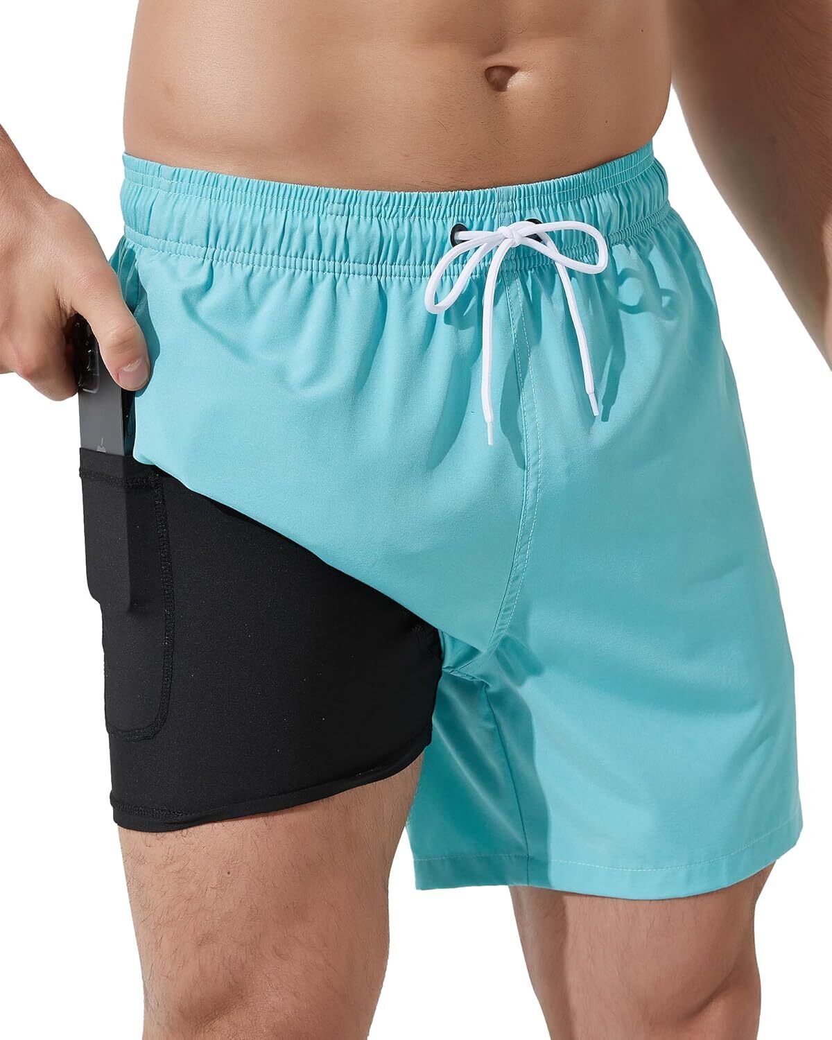 Men's Swim Trunks 2-in-1 Quick Dry Shorts with Compression Liner Zipper Pockets - Picture 34 of 50
