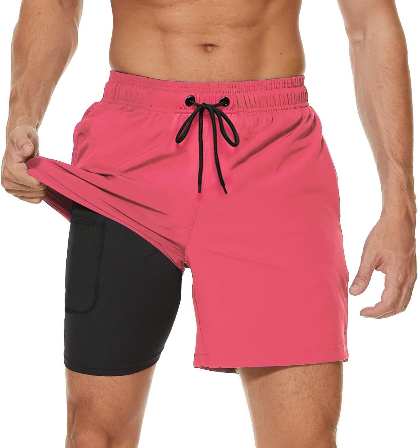 Men's Swim Trunks 2-in-1 Quick Dry Shorts with Compression Liner Zipper Pockets - Picture 35 of 50