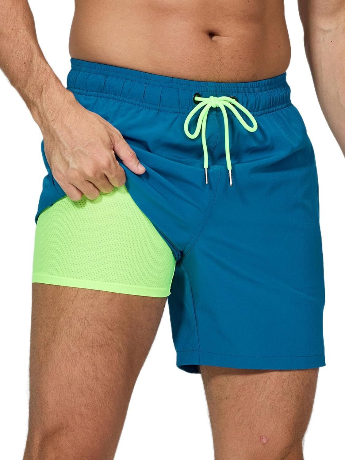 Men's Swim Trunks 2-in-1 Quick Dry Shorts with Compression Liner Zipper Pockets - Picture 36 of 50