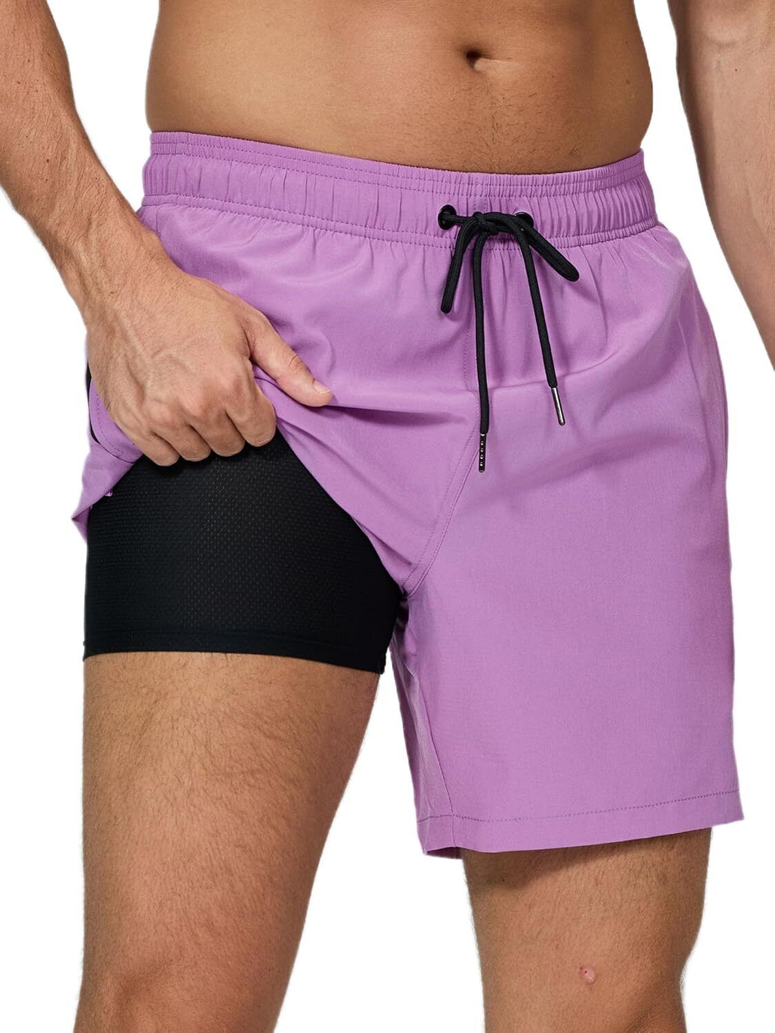 Men's Swim Trunks 2-in-1 Quick Dry Shorts with Compression Liner Zipper Pockets - Picture 38 of 50