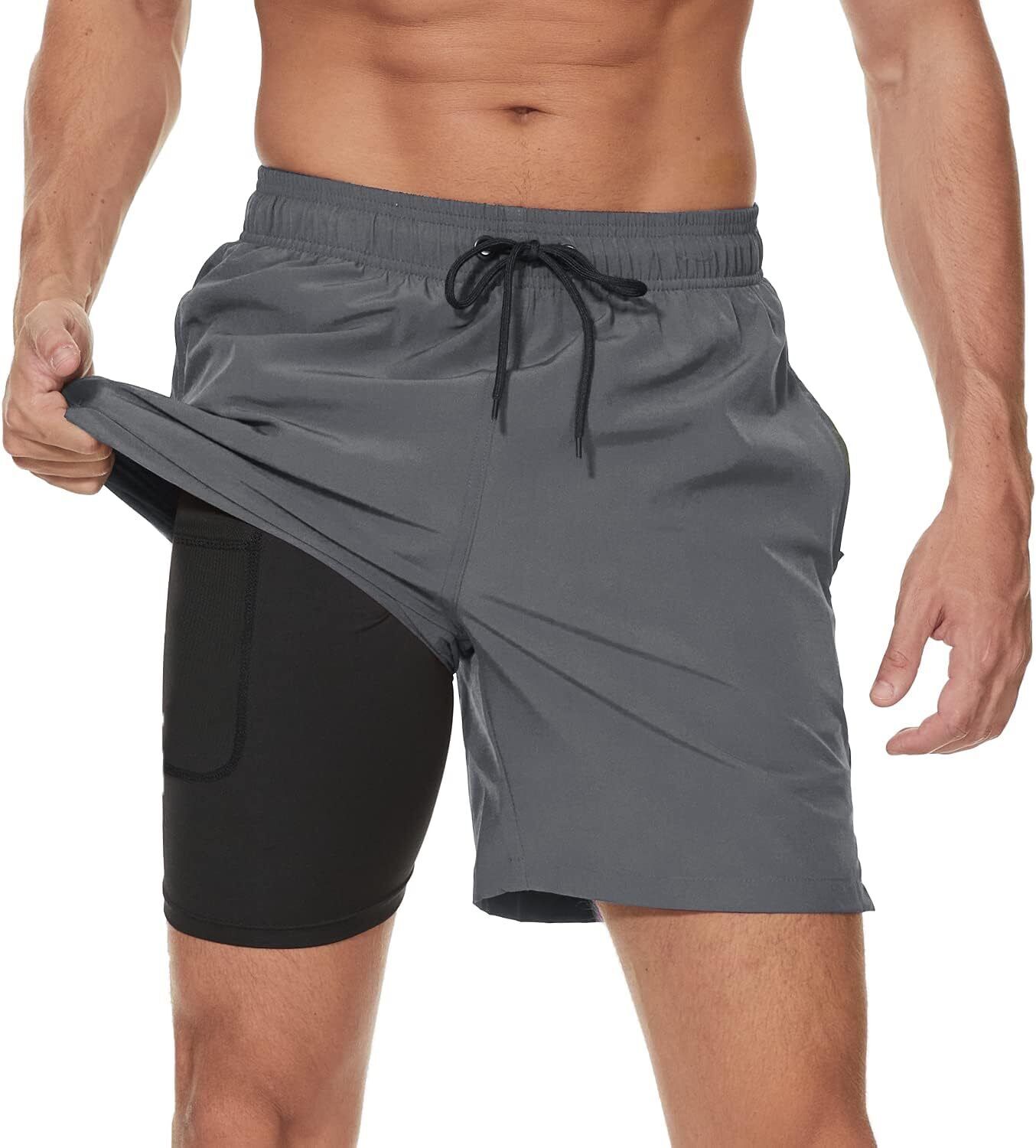 Men's Swim Trunks 2-in-1 Quick Dry Shorts with Compression Liner Zipper Pockets - Picture 39 of 50