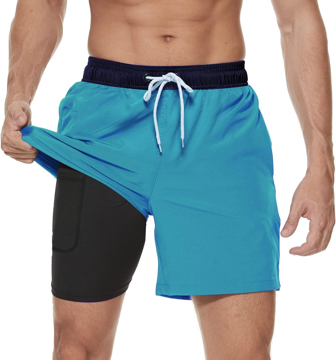 Men's Swim Trunks 2-in-1 Quick Dry Shorts with Compression Liner Zipper Pockets - Picture 43 of 50