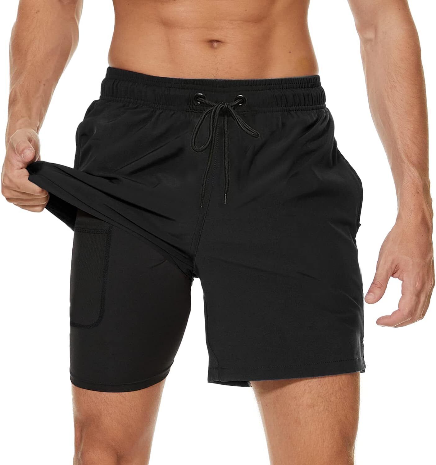 Men's Swim Trunks 2-in-1 Quick Dry Shorts with Compression Liner Zipper Pockets - Picture 44 of 50