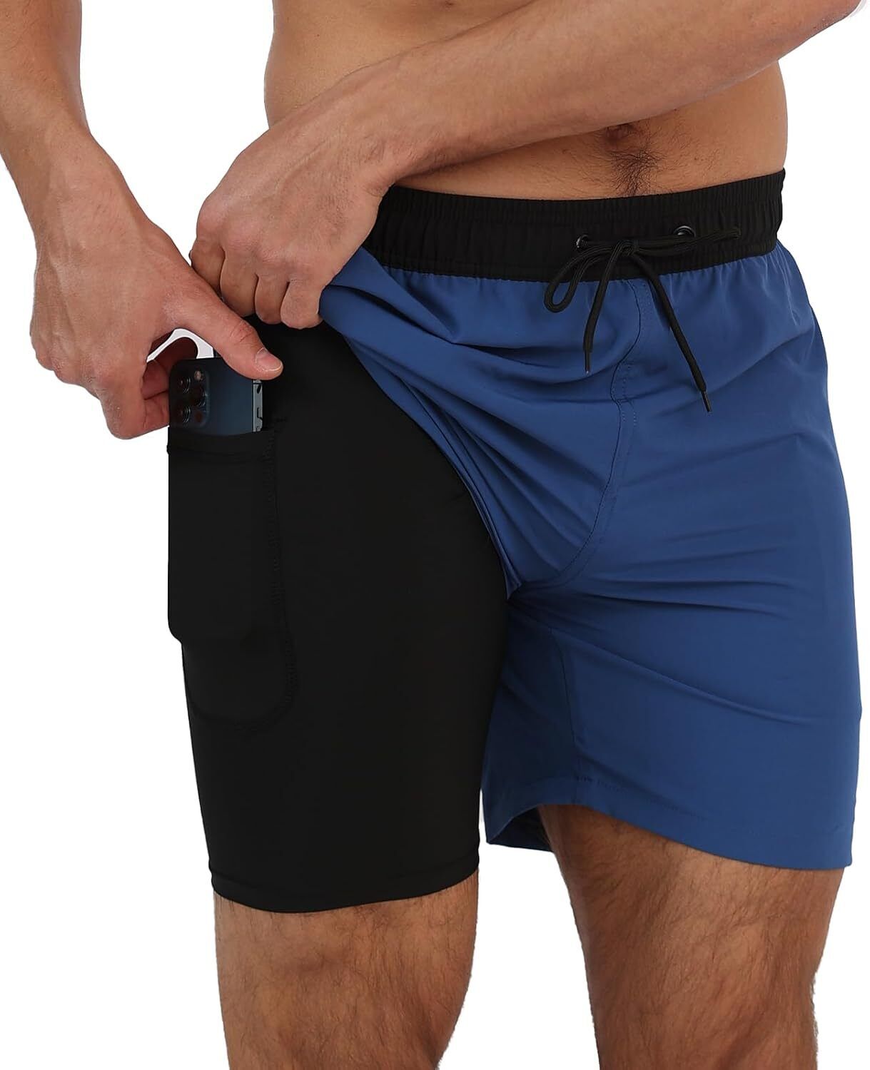 Men's Swim Trunks 2-in-1 Quick Dry Shorts with Compression Liner Zipper Pockets - Picture 45 of 50