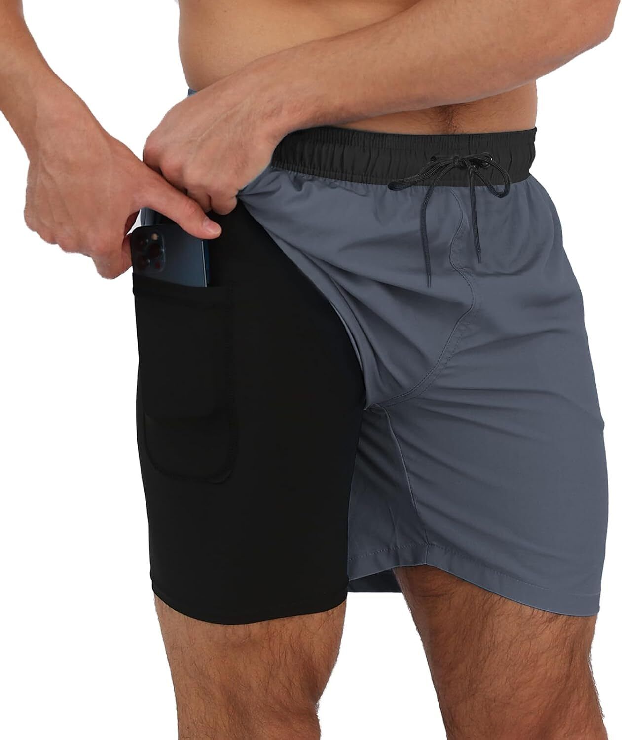 Men's Swim Trunks 2-in-1 Quick Dry Shorts with Compression Liner Zipper Pockets - Picture 47 of 50