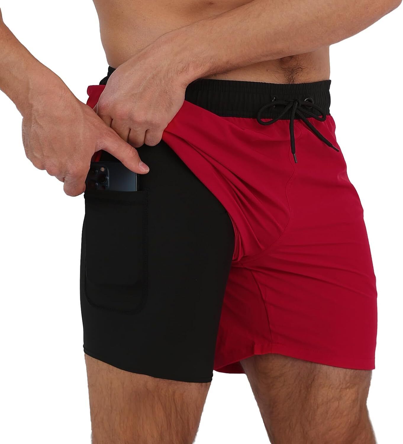 Men's Swim Trunks 2-in-1 Quick Dry Shorts with Compression Liner Zipper Pockets - Picture 48 of 50
