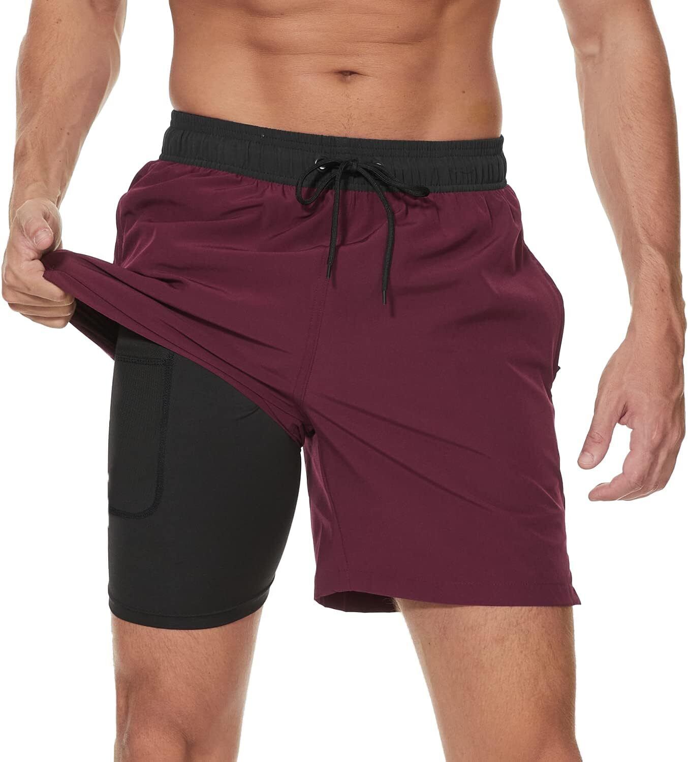 Men's Swim Trunks 2-in-1 Quick Dry Shorts with Compression Liner Zipper Pockets - Picture 49 of 50