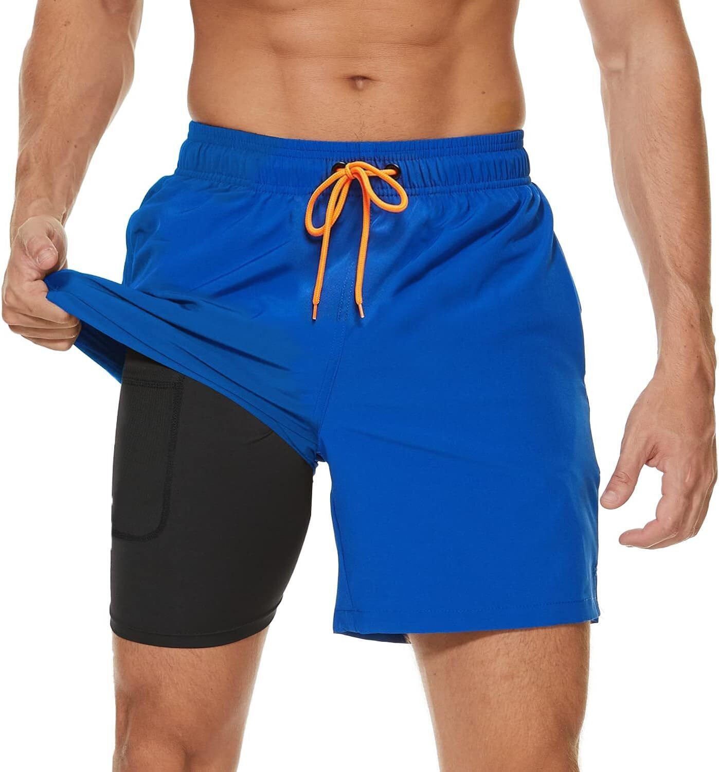 Men's Swim Trunks 2-in-1 Quick Dry Shorts with Compression Liner Zipper Pockets - Picture 50 of 50