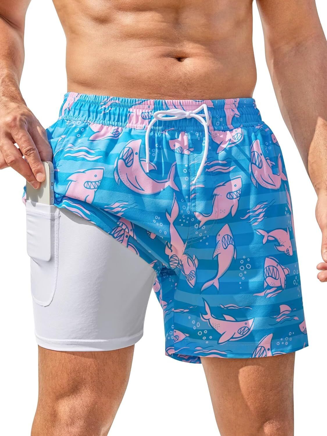 Men's Swim Trunks Quick-Dry 6-Inch Shorts with Compression Liner Zipper Pockets - Picture 50 of 64