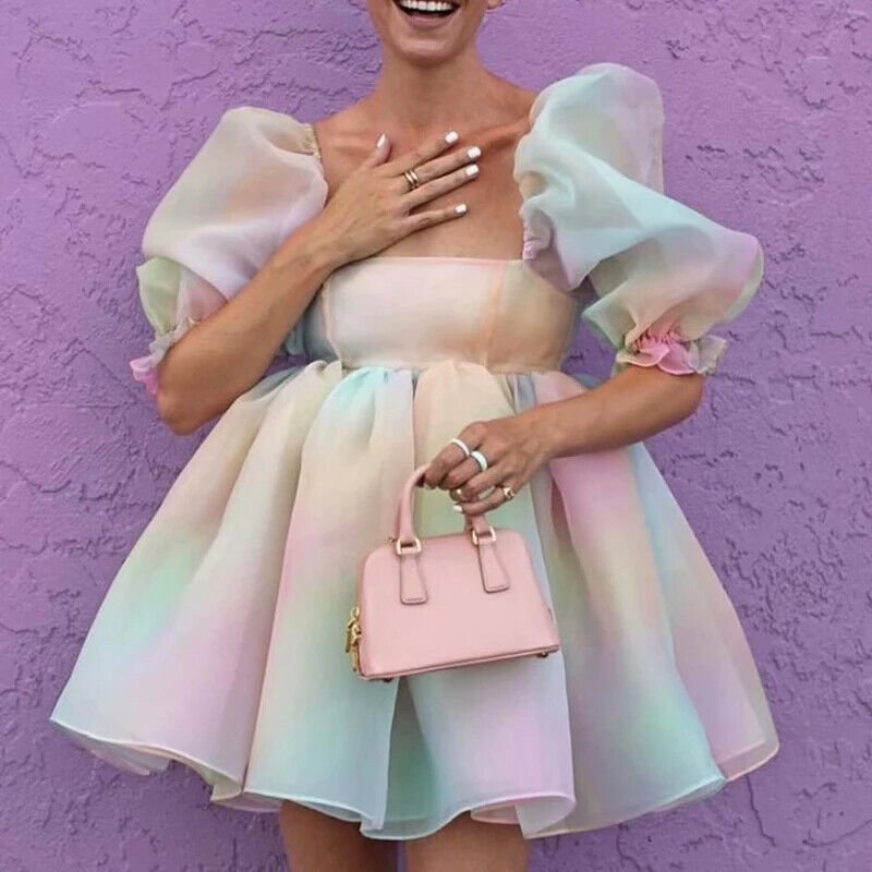 Damen Puffärmel Tüll Tutu Kleid Quadrat Kragen Netz Rock Abend Party - Bild 27 von 28