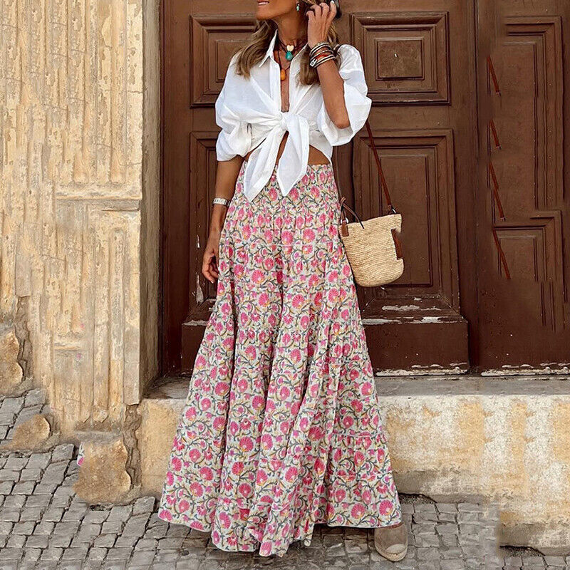 Womens Boho Floral Long Maxi Skirt Ladies High Waist Beach Holiday Swing Dress#A